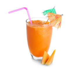 Glass of fresh melon smoothie on white background