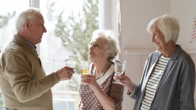 Senior man speaking with two elderly ladies and toasting with wine at party in home