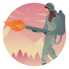 Army woman with flame thrower