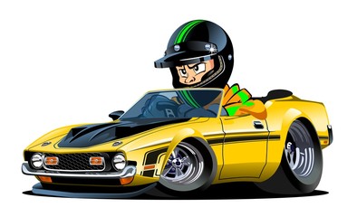 Cartoon retro sport car with driver isolated