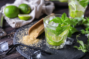 Glass of fresh mojito on wooden table