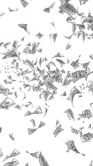 Flying dollars banknotes isolated on white background. Money is flying in the air. 100 US banknotes new sample. Black and white style. 3D illustration