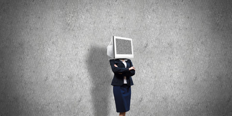 Business woman with monitor instead of head.