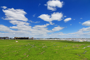 Green landscape at low tide with the Keroman Submarine Base in the harbour of Larmor-Plage, Lorient, France, in summer with a beautiful blue sky and cloudscape
