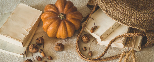 Old books and vintage straw bag on white warm plaid with pumpkin, physalis, acorns, walnut. Autumn books and reading. autumn mood