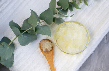 Natural Ingredients Homemade Body Sea Salt Scrub with Olive Oil White Towel Beauty Concept Skincare Organic Aroma Spa Therapy