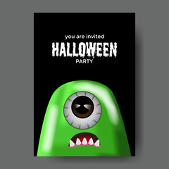 Halloween party with cute jelly green monster. trick or treat event. poster banner label invitation template.