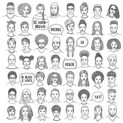 Set of fifty hand drawn diverse faces, black and white portraits of people of color, men and women of African, Asian, Arab and Latin American descent
