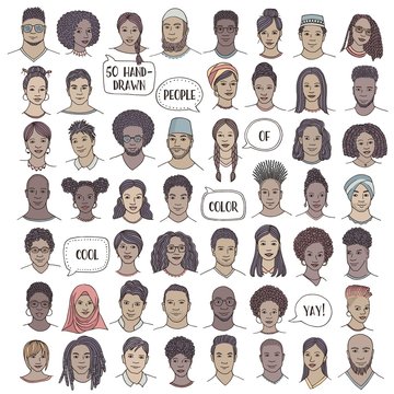 Set of fifty hand drawn diverse faces, colorful portraits of people of color, men and women of African, Asian, Arab and Latin American descent