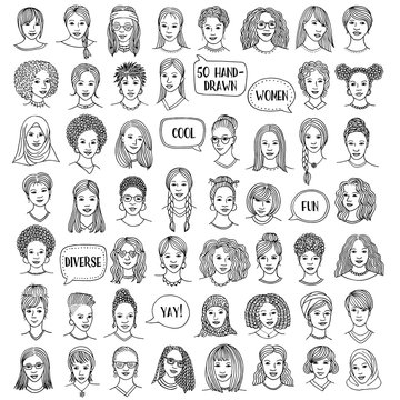 Set of fifty hand drawn female faces, diverse portraits of women of different ethnicities, black and white ink illustration