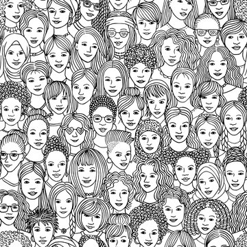 Women - hand drawn seamless pattern of a crowd of different women from diverse ethnic backgrounds in black and white