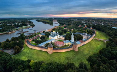 Aerial view of Veliky Novgorod kremlin at dusk, Russia