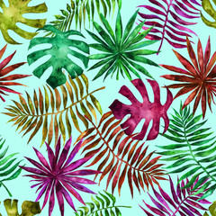Fototapeta na wymiar Seamless pattern with leaves and brunches of tropical plants and trees. Palms, monstera