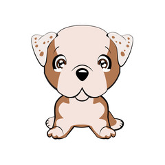 Vector illustration of cute dog in flat style shows sad emotion. Crying emoji. Smiley icon. Chat, communication, print, sticker. Isolated object on blue background. Unhappy.