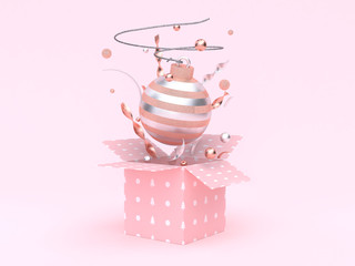christmas ball floating gift box opening pink background 3d rendering