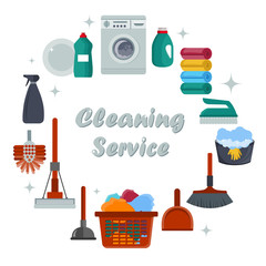 Equipment Cleaning service concept. Poster template for house cleaning services with various tools. Flat vector illustration