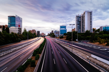 M30 motorway in Madrid at sunset, long exposure