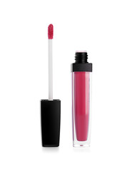 Liquid pink lipstick on white background