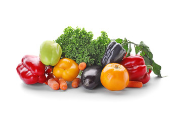 Various fresh vegetables on white background