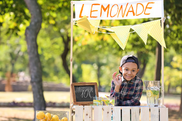 Little African-American boy at lemonade stand in park