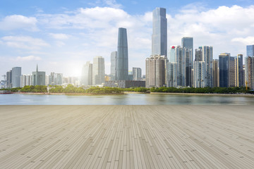 Urban skyscrapers with empty square floor tiles