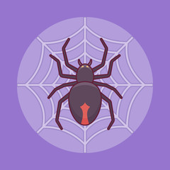 Black spider on the web flat line icon. Halloween element.