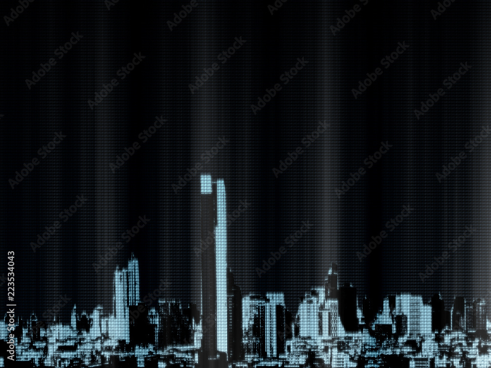 Poster digital binary city concept. virtual buildings created from glowing zero and one text to illustrate 