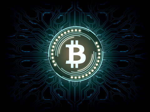 Futuristic modern glowing Bitcoin (BTC) logo  hologram hover over blue scifi background. For crypto currency market, coin mining, trading, promotional and advertisement.