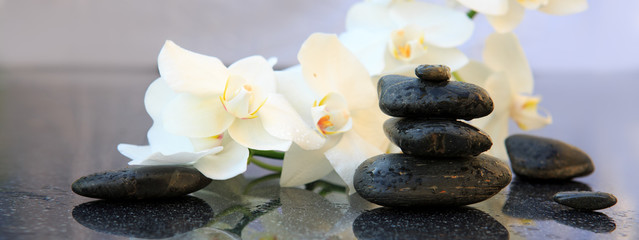 Obraz na płótnie Canvas White orchids flowers and spa stones . Spa background.