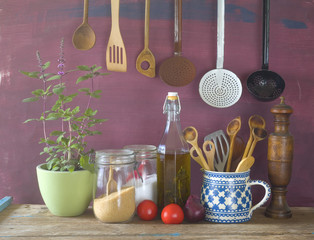 kitchen utensils, herbs, vegetables, kitchen still life, cooking, culinary, food and drink or...
