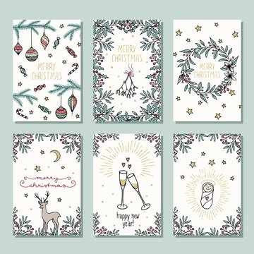 Set of six colorful Christmas cards, design template with Christmas florals, champagne glasses and holiday decoration