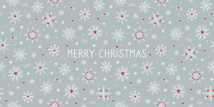 Christmas card template or banner with cute hand drawn snowflakes and little red hearts