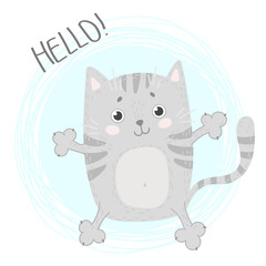 Cute card with cat. Illustration with lettering Hello.