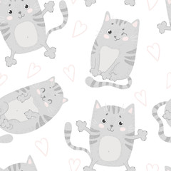 Seamless pattern with cute cats. Hand drawn.