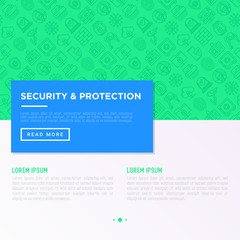 Obraz premium Security and protection concept with thin line icons: mobile security, fingerprint, badge, firewall, face ID, secure folder, surveillance camera, shredder. Vector illustration, print media template.