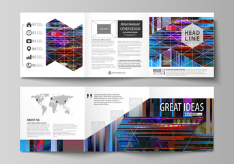 Business templates for tri fold brochures. Square design. Leaflet cover, abstract vector layout. Glitched background made of colorful pixel mosaic. Digital decay, signal error. Trendy glitch backdrop.