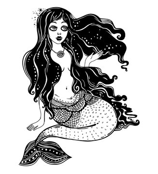 Feminine mermaid girl with fairytale hair and moon