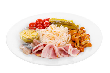 Cold appetizer before alcohol, food sauerkraut, pickled cucumbers, cherry tomatoes, salted mushrooms, honey agarics, lard, herring, mustard on plate, white isolated background Side view. For the menu