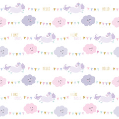 Unicorn birthday pattern background with bunting flags and clouds.
