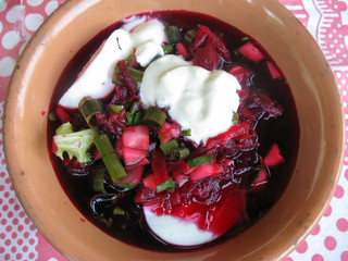 Russian cold soup with sour cream and boiled eggs