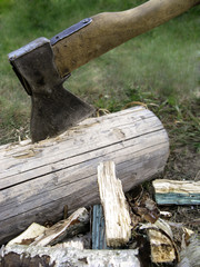 the ax of the woodcutter is stuck in a log. We need to chop wood
