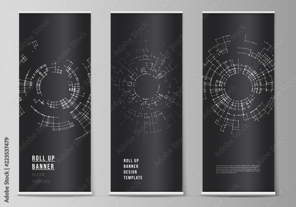 Poster the vector layout of roll up banner stands, vertical flyers, flags design business templates. networ