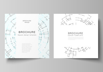 The vector layout of two square format covers design templates for brochure, flyer, magazine. Network connection concept with connecting lines and dots. Technology design, digital geometric background