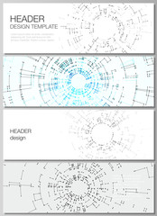The minimalistic vector layout of headers, banner design templates. Network connection concept with connecting lines and dots. Technology design, digital geometric background