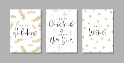 Set of Christmas and Happy New Year greeting cards with handwritten calligraphy and hand drawn decorative elements.