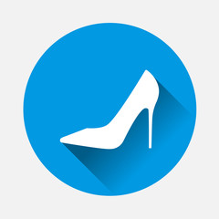 Vector icon of a shoe vector illustration on blue background. Flat image women's high-heeled shoes with long shadow. Layers grouped for easy editing illustration. For your design.