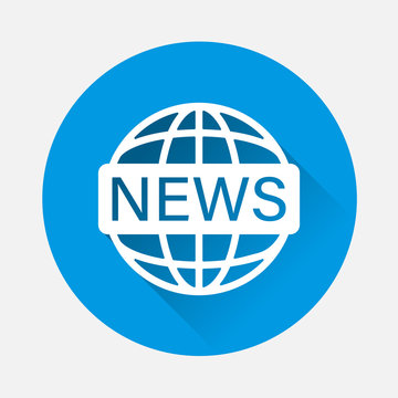 Vector illustration world news on blue background. Flat image inscription news on the globe with long shadow. Layers grouped for easy editing illustration. For your design.