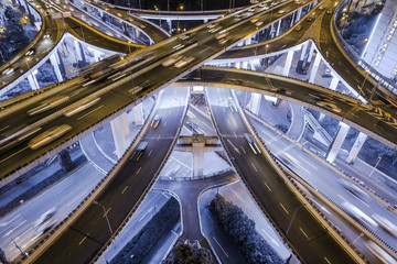 aerial view of highway interchange at night