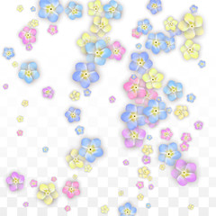 Blue Vector Realistic Blue Petals Falling on Transparent Background.  Spring Romantic Flowers Illustration. Flying Petals. Sakura Spa Design. Blossom Confetti. Design Elements for Wedding Decoration.