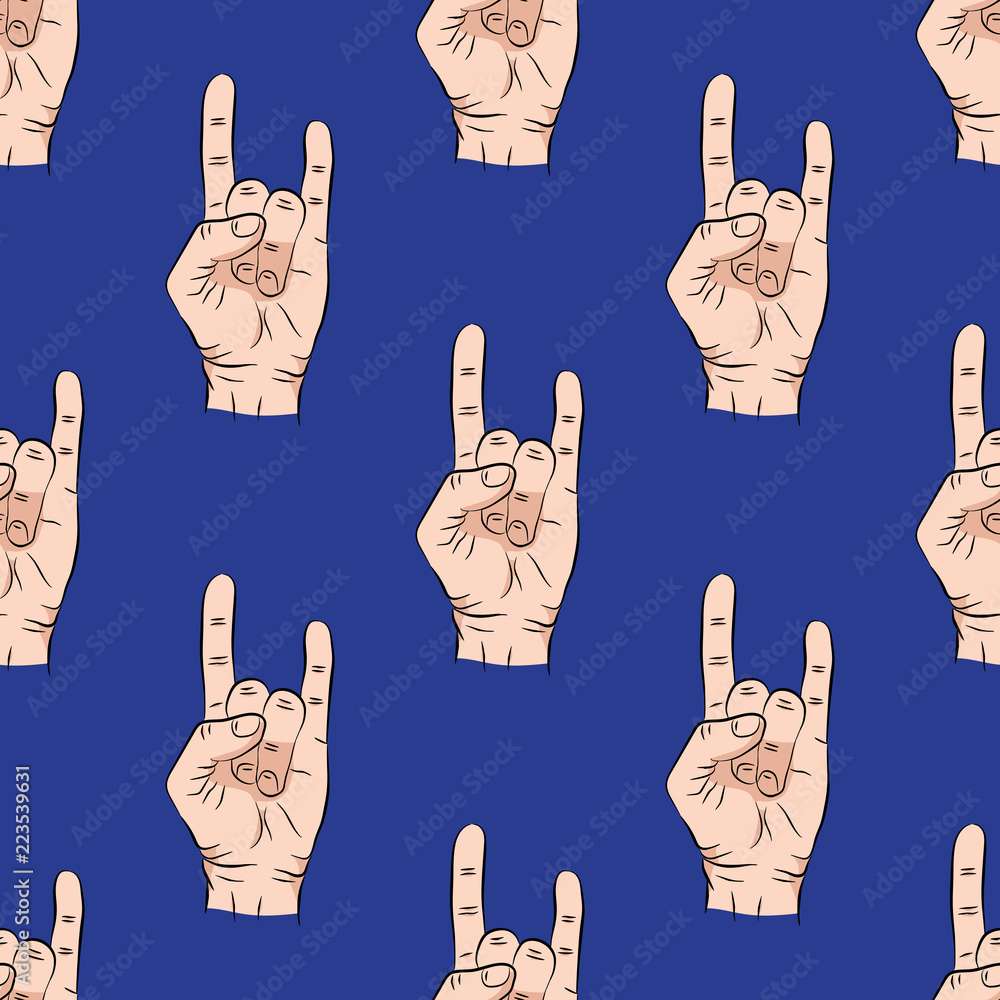 Poster seamless pattern with hands showing cool rock and roll signs. background for your design. vector ill
